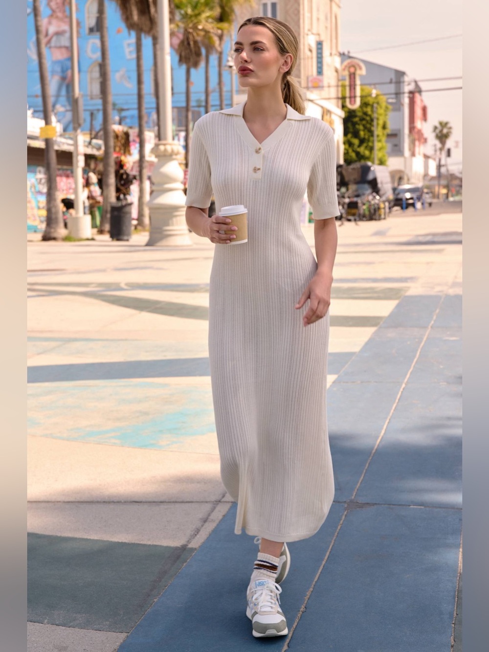 Anthropologie Varley Andrea Short Sleeve Knit Maxi Dress Ivory